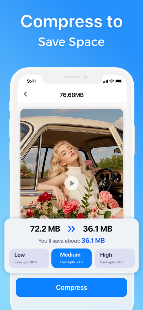 Smart Cleaner: AI Clean Up - Smart Cleaner 앱 인터페이스에 휴대폰 저장 공간을 절약하기 위한 동영상 압축 설정이 표시됩니다