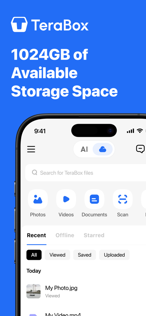 Interface de l'application mobile TeraBox affichant 1024 Go de stockage cloud gratuit sur un iPhone