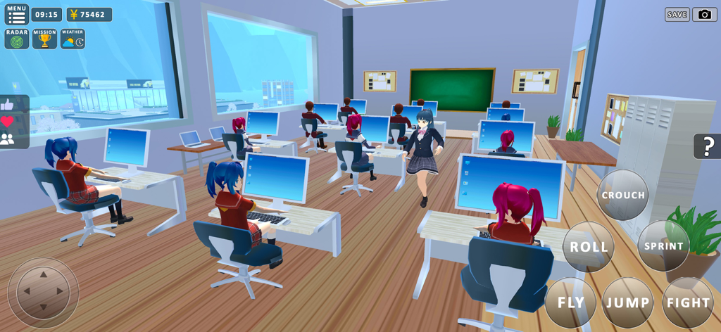 Anime-Charaktere in einem Highschool-Computerraum innerhalb des Sakura School-Simulators