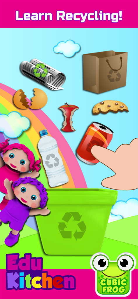 EduKitchen-Toddlers Food Games - Un niño pequeño aprendiendo a clasificar artículos reciclables en un contenedor verde en la aplicación EduKitchen.