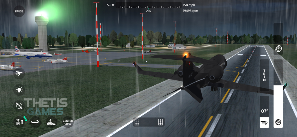 FlyWings 2018 Flight Simulator - Un jet privado negro en una pista mojada por la noche durante una tormenta en FlyWings 2018 Flight Simulator.