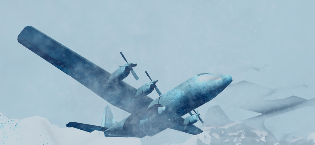 An icy cargo plane flying through a snowy mountain range in Epic Roller Coasters