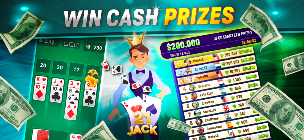 21 Jack - Blackjack Real Money - Juego de la aplicación 21 Jack y tabla de clasificación que muestra premios en efectivo real