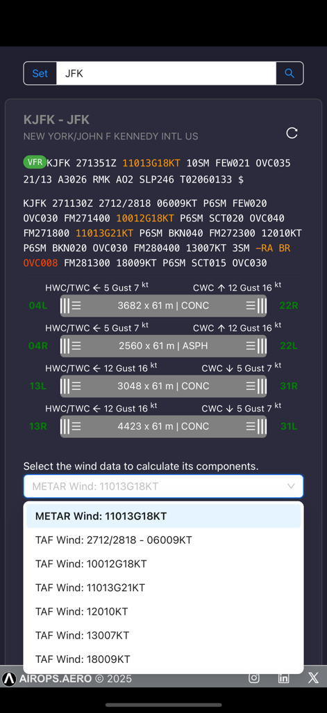 Airops Copilot - Airops Copilot displaying JFK airport METAR TAF and runway wind components