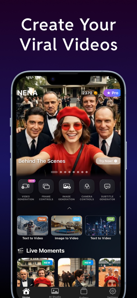 NENA AI Video Generator Pro mobile app interface showing viral video creation tools and templates