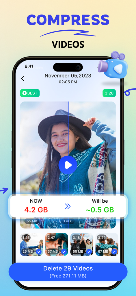 Phone Cleaner: AI Clean Up - Interfaz de la aplicación Phone Cleaner que muestra la función de compresión de video para reducir archivos grandes y ahorrar espacio de almacenamiento