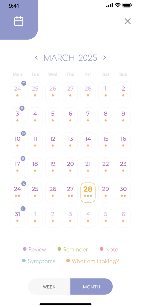 GAIA Pregnancy & Parenting - Monthly calendar view for tracking pregnancy symptoms and health reminders