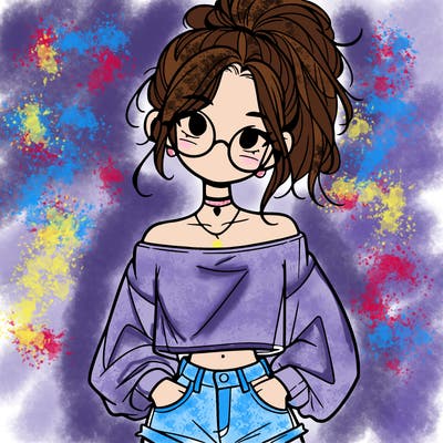 girl with a messy ponytail glasses a baggy crop top and jean shorts