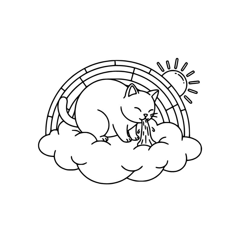 cat on a cloud throwing up with a rainbow in the background and a sun