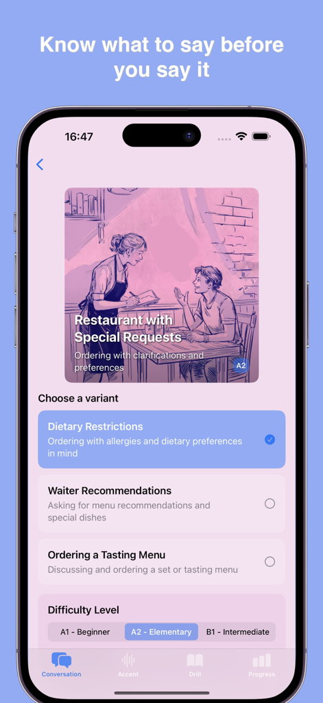 Conversation IQ：Language Coach - Screenshot of Conversation IQ app showing restaurant dialogue options like dietary restrictions and difficulty levels