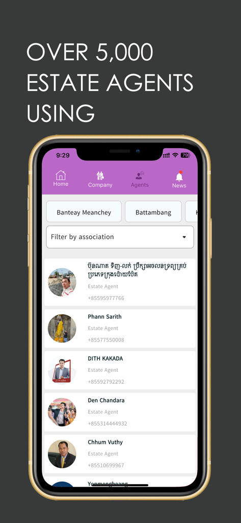 BAYON APP - Interface móvel do BAYON APP exibindo uma lista de agentes imobiliários com opções de filtro