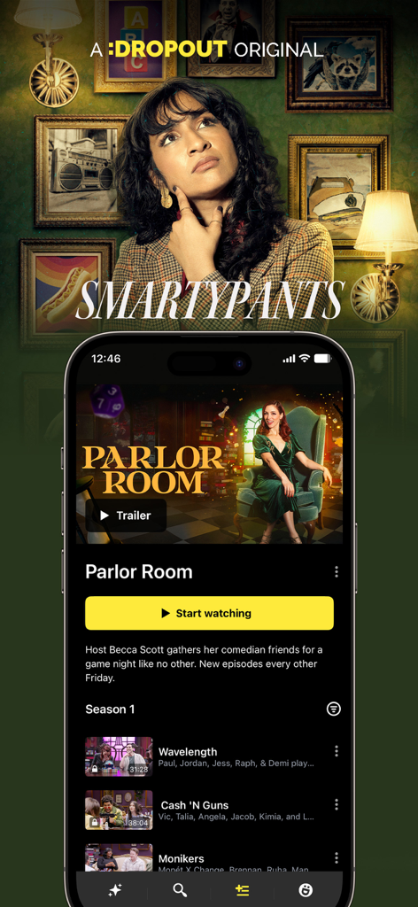 Dropout - Smartphone screen displaying the Dropout original series Parlor Room with a background featuring the Smartypants show
