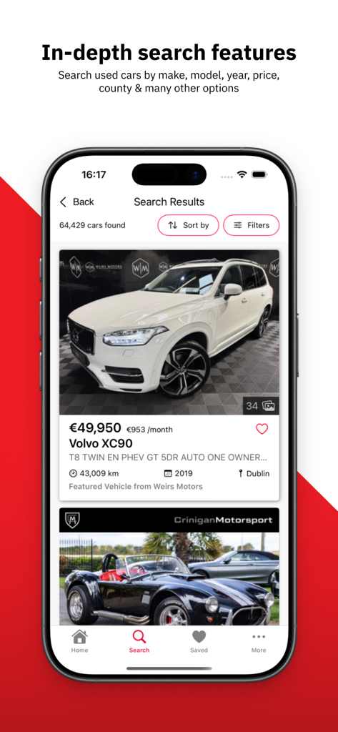 Search results for used cars in Ireland on the CarsIreland mobile app