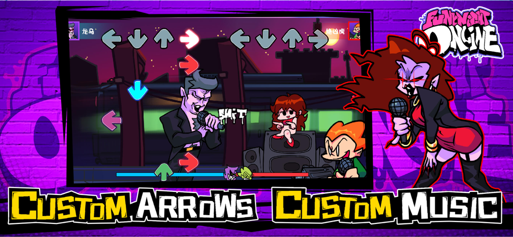 FNF PvP - Pantalla del juego FNF PvP mostrando una batalla de ritmo entre personajes con flechas y funciones de música personalizadas