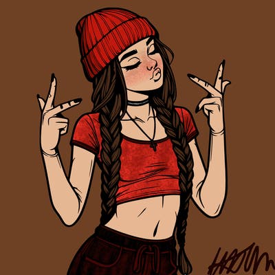realistic teenage girl with braids and a beanie and crop top doing 🫶🏼