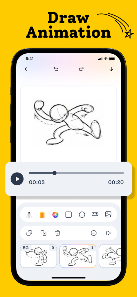 Flipbook Animation Maker- FLIP - Interface of Flipbook Animation Maker app showing a character sketch and animation timeline