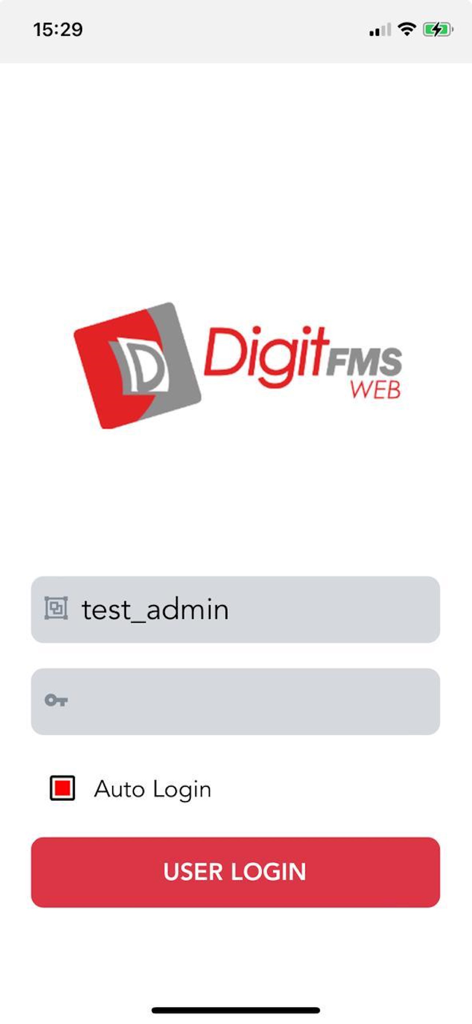 DigitWeb - DigitWeb vehicle tracking app login page with username and password input fields and a red user login button