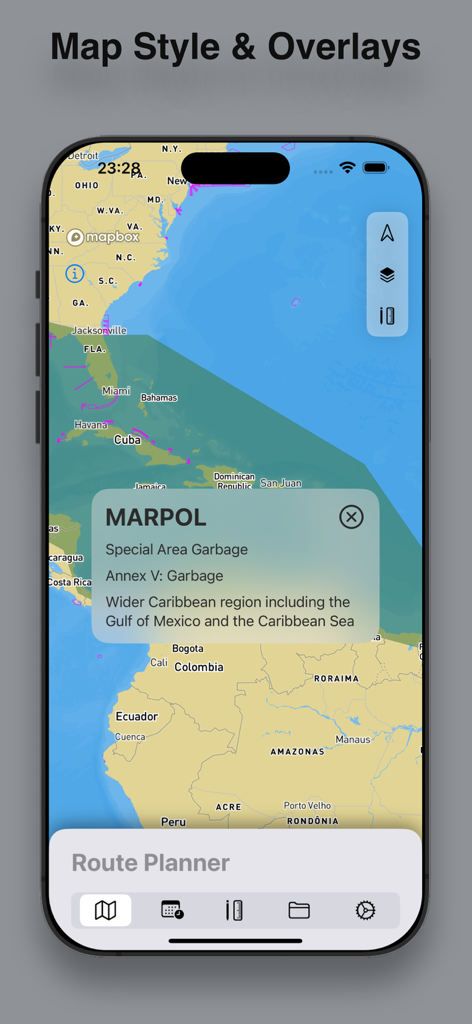 CVoyager - CVoyager app screenshot showing MARPOL maritime map overlays for special garbage areas in the Caribbean region