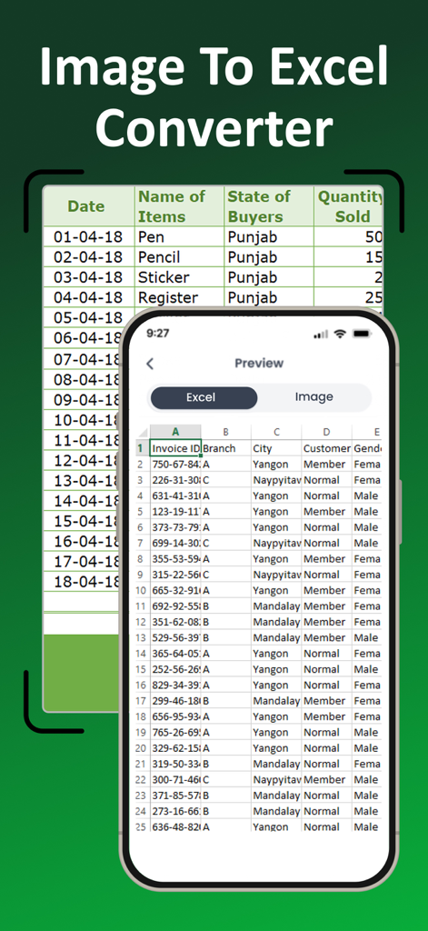 Image to Excel Converter－XLSX - Interfaz de aplicación móvil que muestra una hoja de cálculo de Excel digitalizada convertida a partir de la foto de un documento