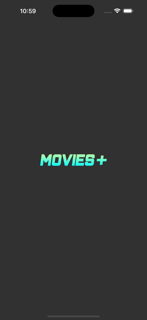 Movies +: Movies & TV Shows - Pantalla de inicio de la aplicación de streaming Movies Plus que muestra el logotipo de la marca color verde azulado sobre un fondo oscuro