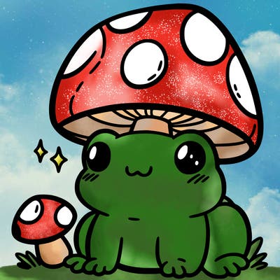 a cute frog with a mushroom hat