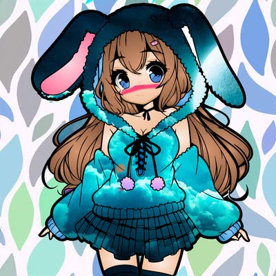 pretty anime girl wearing a fluffy hoodie with bunny ears on the hood and a skirt
