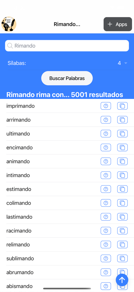 Captura de pantalla de la interfaz de la aplicación Rimando que muestra una lista de palabras en español que riman con la palabra Rimando y un filtro de cuatro sílabas.