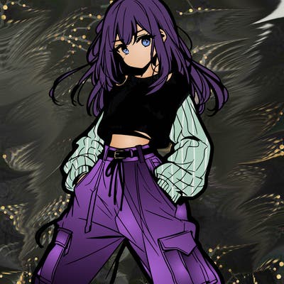 anime teen girl with baggy pants and crop top with sweater