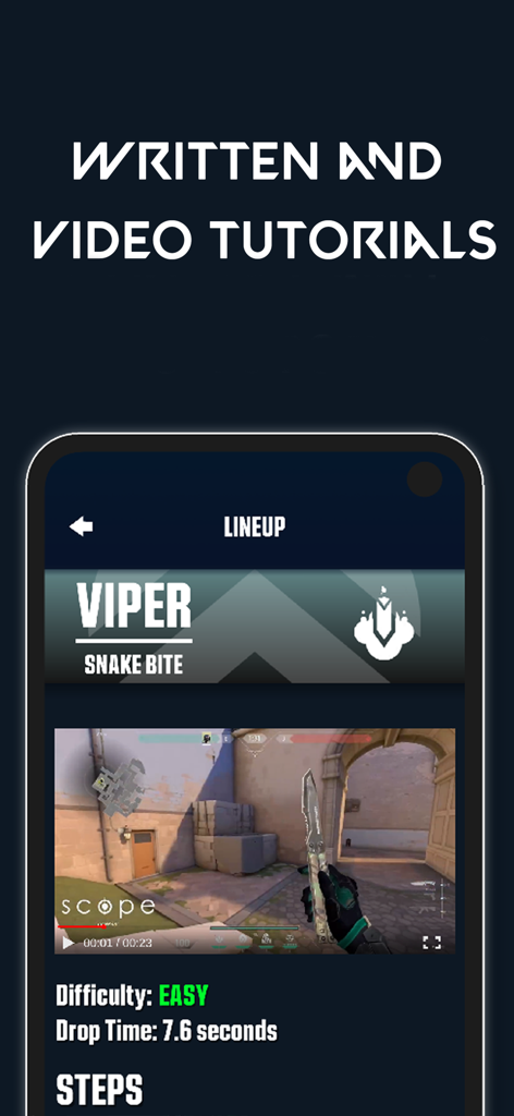 Mobile app screen showing a video guide and written tutorial for a Viper Snake Bite lineup in Valorant