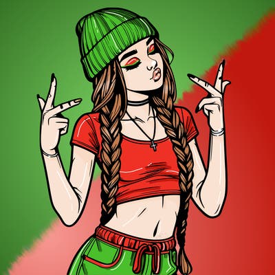 realistic teenage girl with braids and a beanie and crop top doing 🫶🏼