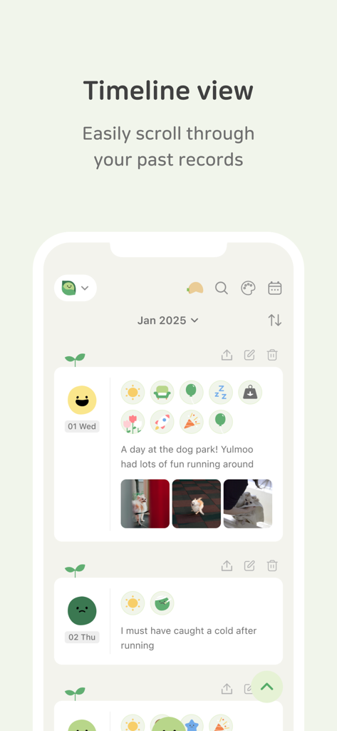 DailyBean - simplest journal - A screenshot of the DailyBean app showing the timeline view with daily mood icons, activity stickers, and short journal entries with photos.
