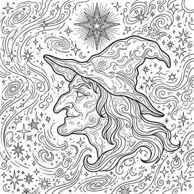 Journey into the cosmos with this stunning Witch Head Nebula coloring page, where celestial wonders form a captivating witch's profile. Perfect for those who love astronomy, fantasy, and intricate line art.