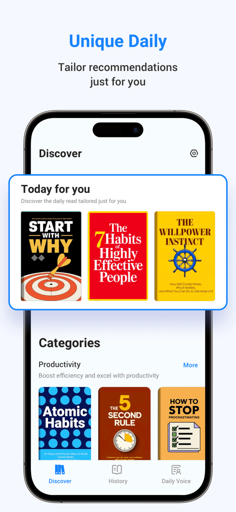 LeapAhead App-Oberfläche, die personalisierte tägliche Buchzusammenfassungs-Empfehlungen und Produktivitätskategorien anzeigt.
