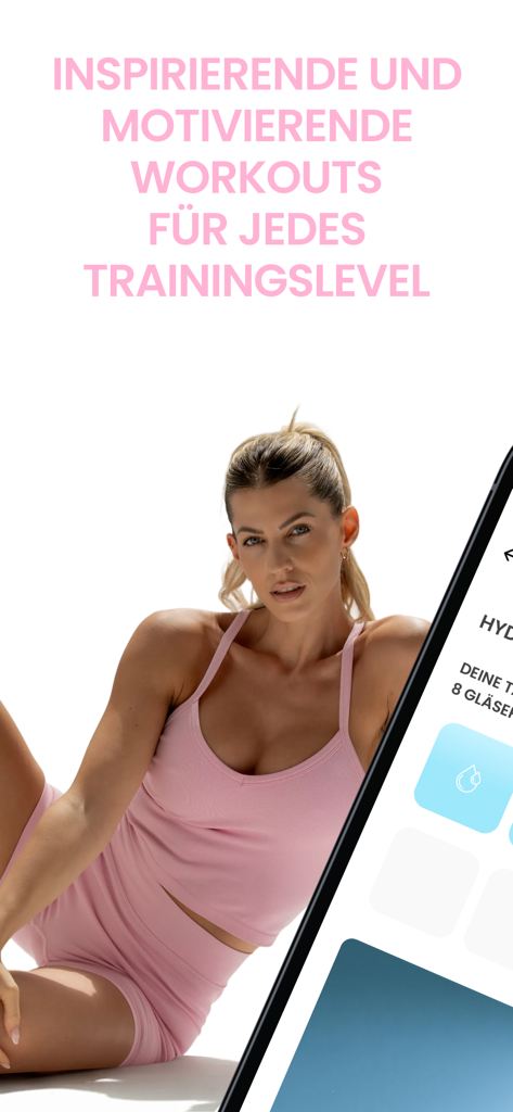 SHAPE by Sarah Harrison - Sarah Harrison wearing pink activewear next to a phone displaying the SHAPE app hydration tracker and workout text