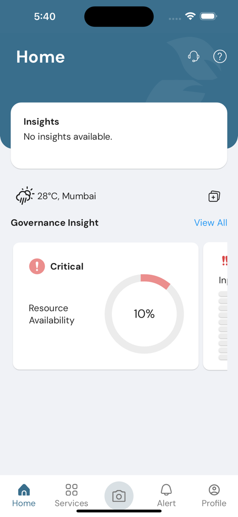 FarmERP app dashboard showing critical resource availability and weather data