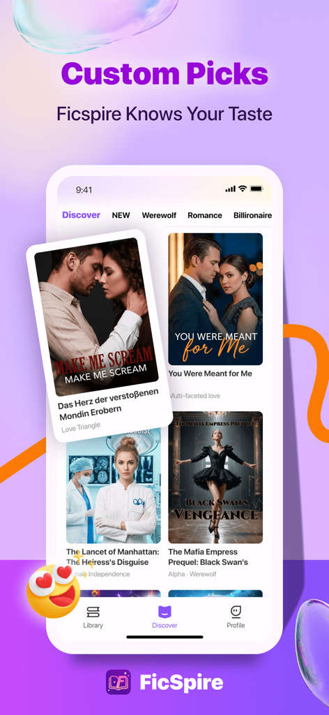 FicSpire app Discover screen showing personalized web novel recommendations in categories like Romance and Werewolf.