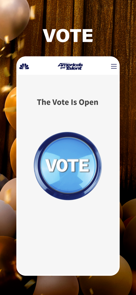 Captura de tela do aplicativo America's Got Talent mostrando um grande botão de voto azul e o texto A Votação Está Aberta