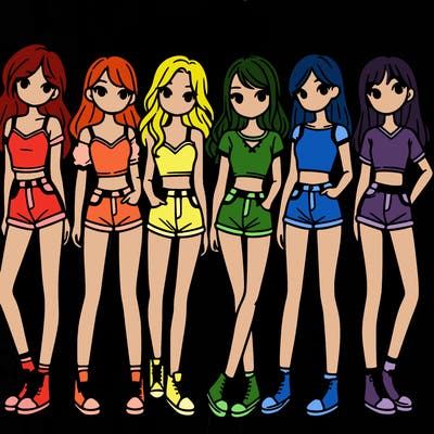 a group of girls wearing crop tops and shorts