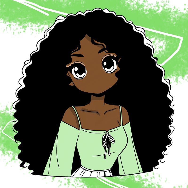a black anime girl with long afro hair