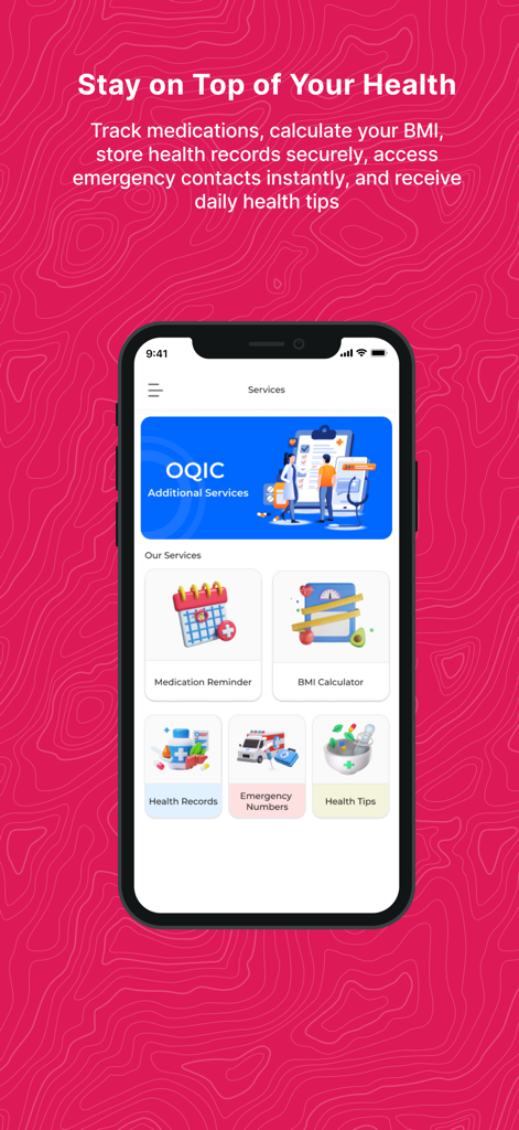 Benutzeroberfläche der OQIC Medical App, die Gesundheitsdienste wie Medikamentenerinnerungen, BMI-Rechner und Gesundheitsakten anzeigt.