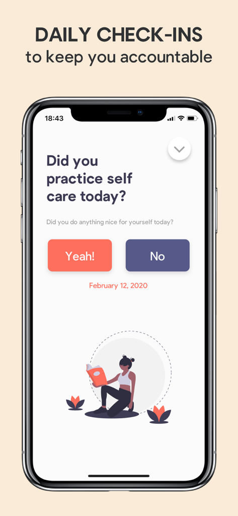 Sparkle: Self-Care Checklist - Mobile interface of the Sparkle app showing a daily self-care accountability check-in screen.