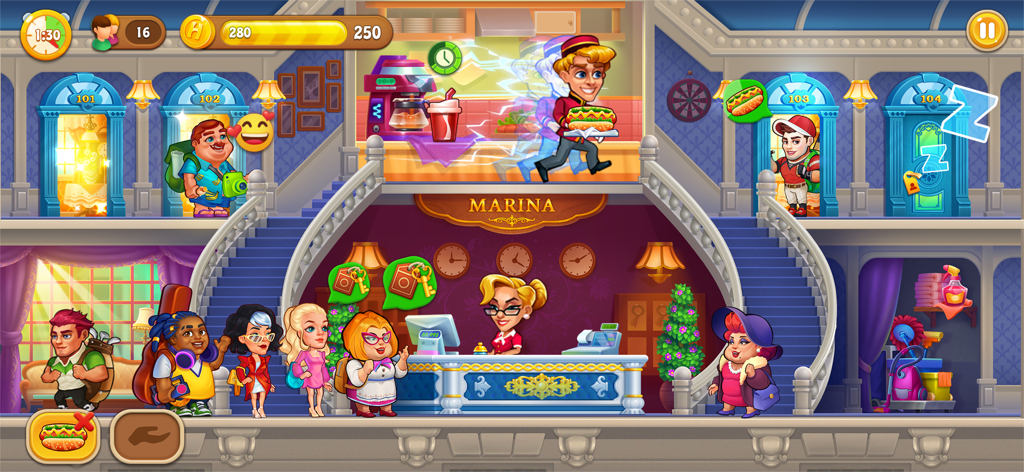 Dream Hotel: Hotel Manager - Dream Hotel game lobby showing receptionist staff and guests checking in for their stay