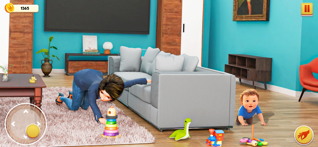 Mom Simulator Life Mother Game - Mother character playing with toys near a crawling baby in a living room simulation