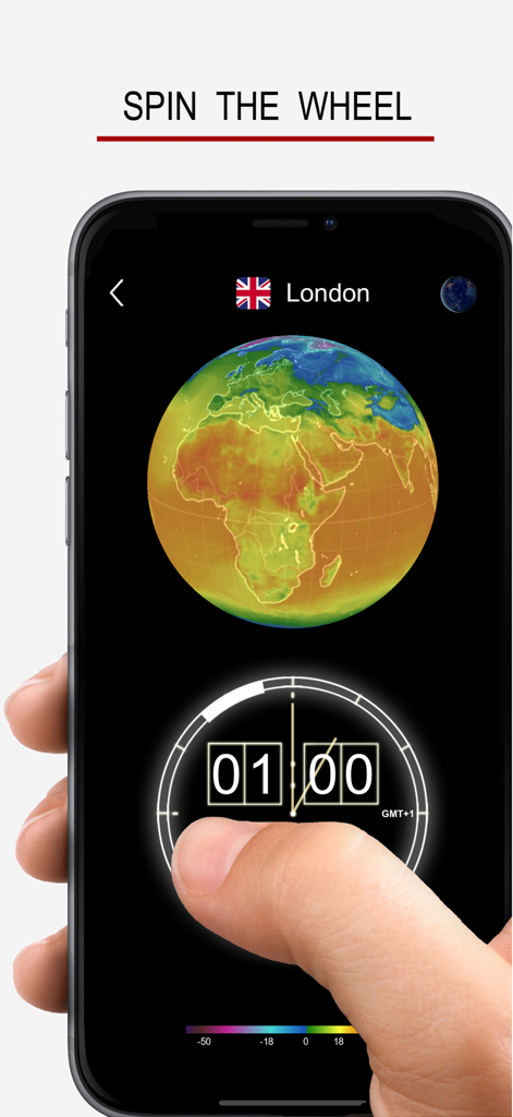 3D Global Temperature Map - 지구의 온도 지도와 시간 선택 휠을 보여주는 3D 지구 온도 지도 앱을 조작하는 손