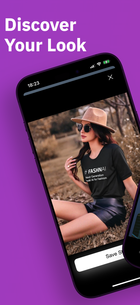 Smartphone screen showing a virtual fashion try on preview with the heading Discover Your Look