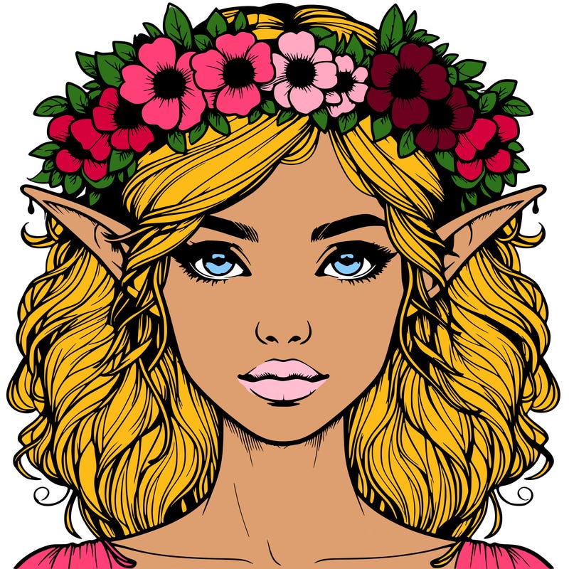 realistic female elf with flower crown
