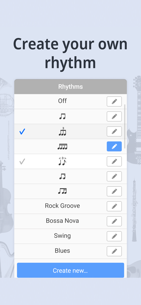 A screen from the Soundcorset app showing a list of musical rhythms and genre presets like Rock and Blues