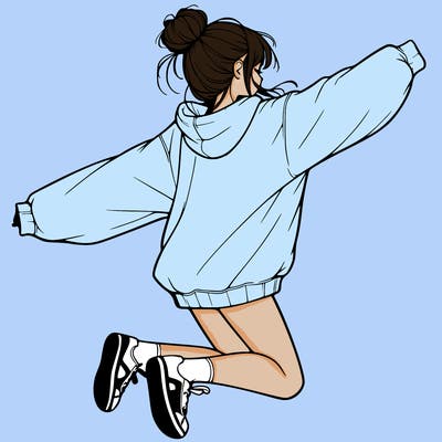 realistic girl jumping with a bun and oversized sweatshirt