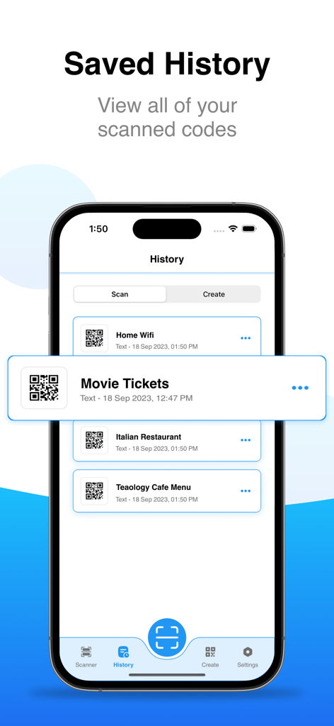 iPhone screen displaying a list of scanned QR codes in the history log including movie tickets and restaurant menus
