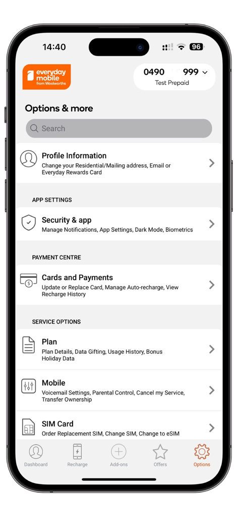 Everyday Mobile (Woolworths) - Everyday Mobile app options menu for managing account and mobile plan